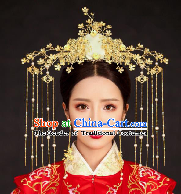 Chinese Traditional Palace Hair Accessories Wedding Jade Phoenix Coronet Ancient Xiuhe Suit Hairpins for Women