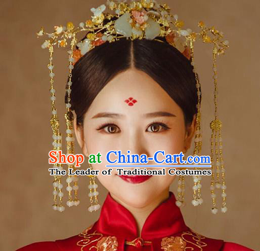 Chinese Traditional Palace Hair Accessories Xiuhe Suit Jade Phoenix Coronet Ancient Hairpins Complete Set for Women