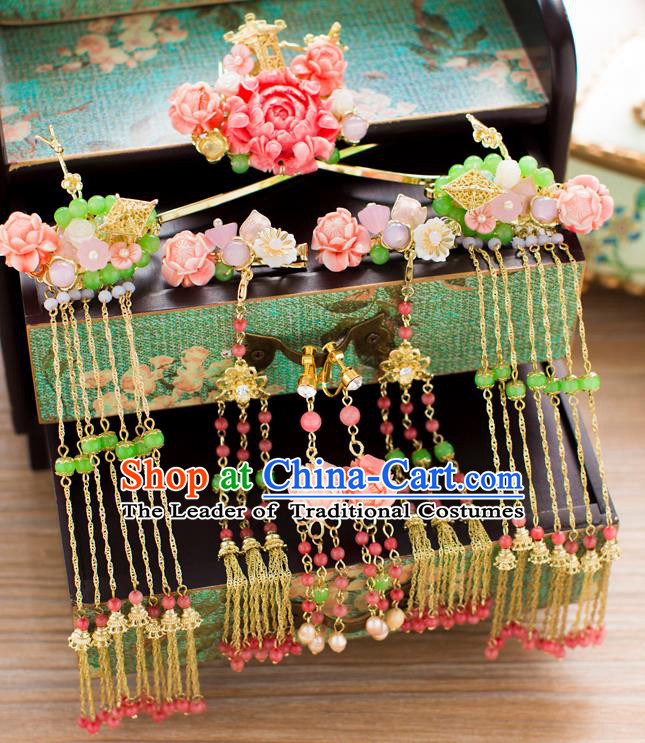 Chinese Traditional Palace Hair Accessories Xiuhe Suit Pink Peony Phoenix Coronet Ancient Hairpins Complete Set for Women