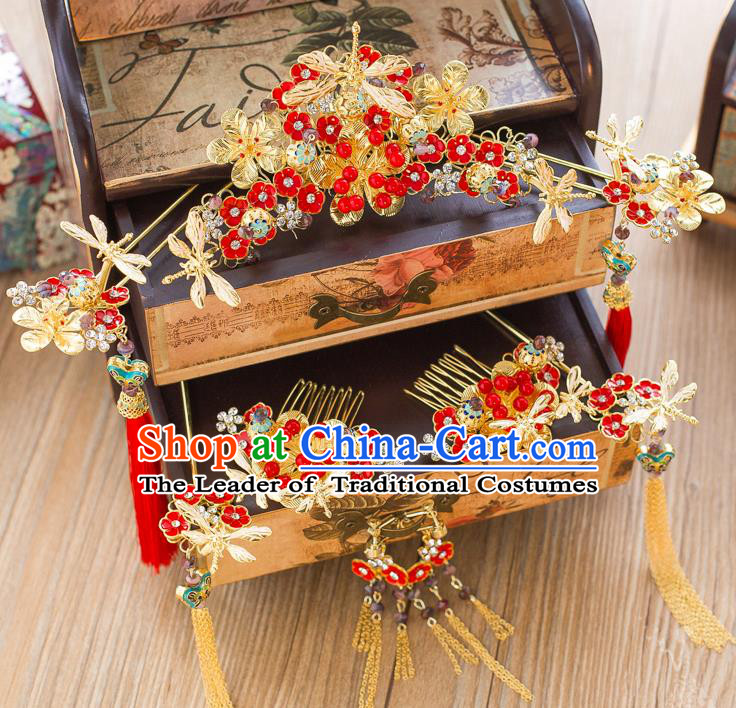 Chinese Traditional Palace Hair Accessories Ancient Hairpins Xiuhe Suit Red Flowers Phoenix Coronet for Women