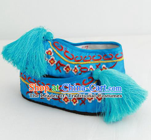 Chinese Traditional Embroidered Shoes Ancient Beijing Opera Blue Blood Stained Shoes for Women