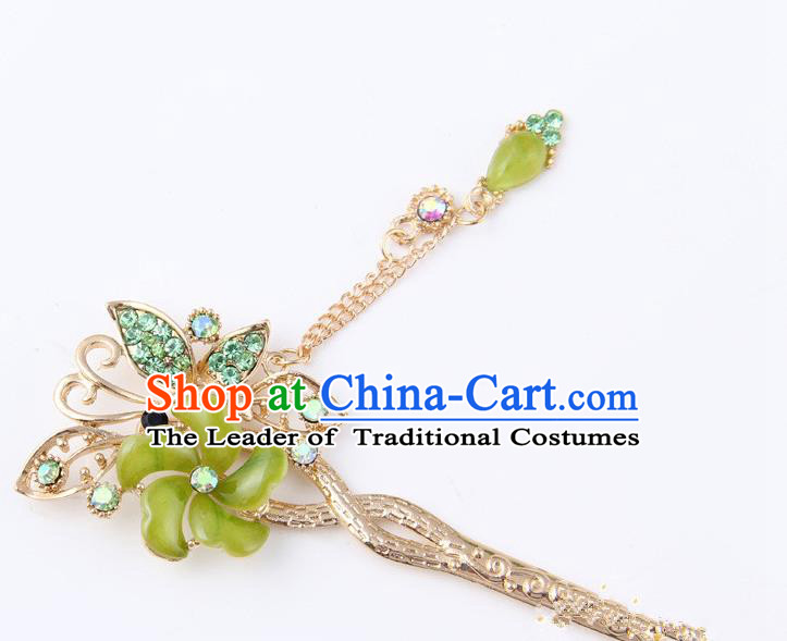 Chinese Traditional Palace Hair Accessories Ancient Green Flowers Hairpins Crystal Hair Clips for Women