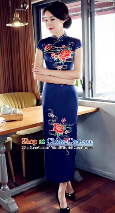 Top Grade Chinese Printing Peony Royalblue Silk Qipao Dress National Costume Traditional Mandarin Cheongsam for Women