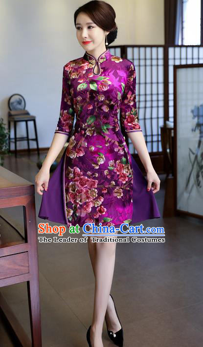 Chinese National Costume Handmade Printing Purple Qipao Dress Traditional Cheongsam for Women