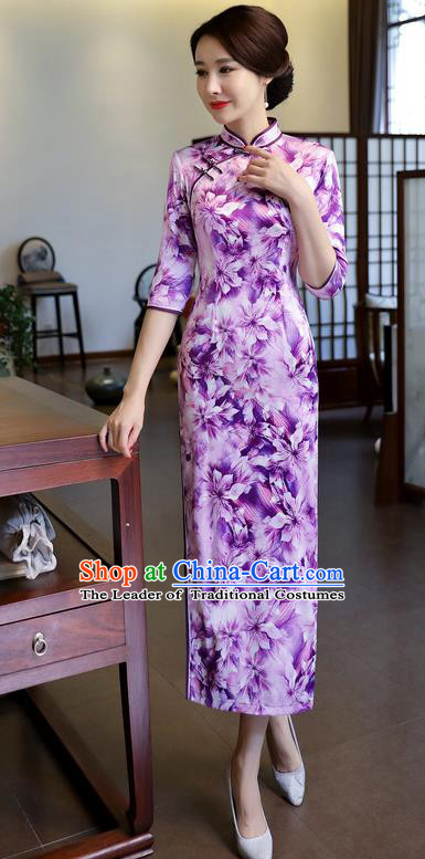 Chinese National Costume Handmade Printing Purple Silk Qipao Dress Traditional Cheongsam for Women
