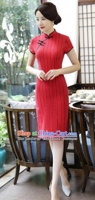 Top Grade Chinese Red Linen Qipao Dress National Costume Traditional Mandarin Cheongsam for Women