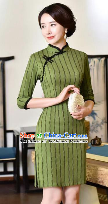 Top Grade Chinese Green Linen Qipao Dress National Costume Traditional Mandarin Cheongsam for Women
