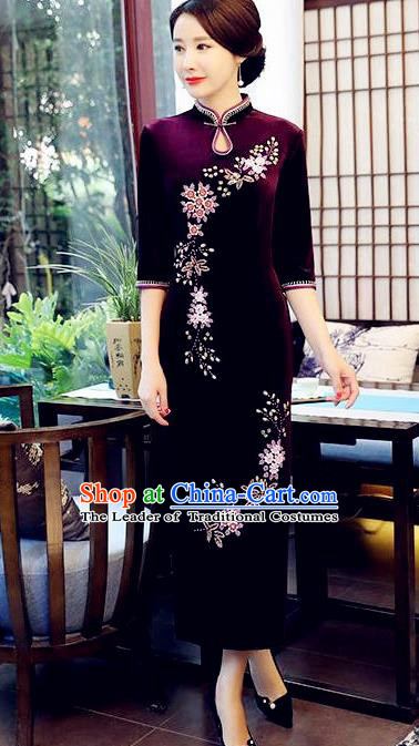 Top Grade Chinese Beading Embroidery Purple Qipao Dress National Costume Traditional Mandarin Cheongsam for Women