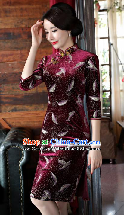 Chinese National Costume Handmade Qipao Dress Traditional Tang Suit Purplish Red Velvet Cheongsam for Women