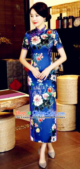 Chinese National Costume Tang Suit Qipao Dress Traditional Printing Flowers Blue Cheongsam for Women