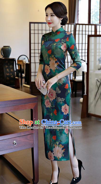 Chinese National Costume Handmade Qipao Dress Traditional Tang Suit Printing Green Watered Gauze Cheongsam for Women
