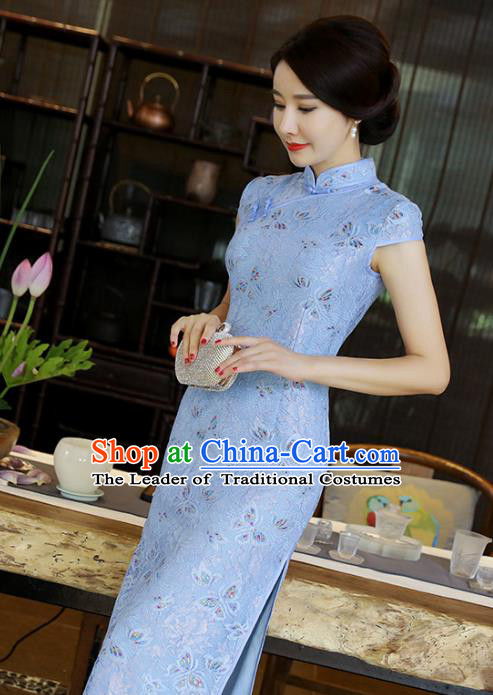 Chinese National Costume Tang Suit Blue Silk Qipao Dress Traditional Printing Rose Cheongsam for Women