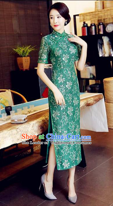 Chinese National Costume Handmade Tang Suit Green Lace Qipao Dress Traditional Long Cheongsam for Women