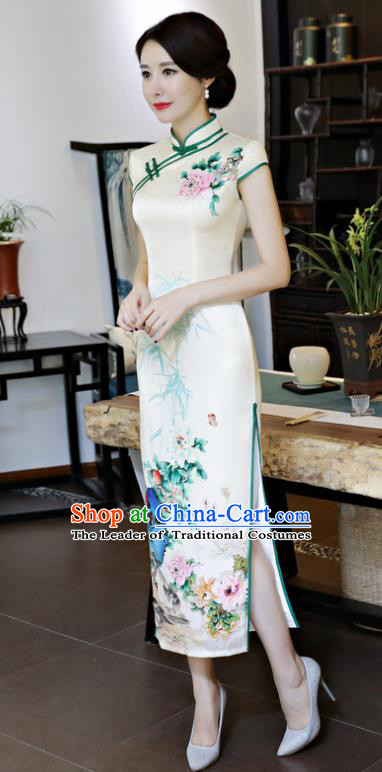 Chinese National Costume Handmade Tang Suit Qipao Dress Traditional Printing Silk Cheongsam for Women