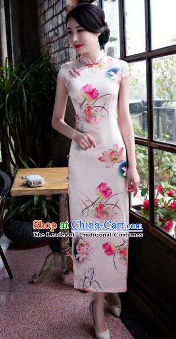 Chinese National Costume Retro Printing Lotus Pink Satin Qipao Dress Traditional Republic of China Tang Suit Cheongsam for Women