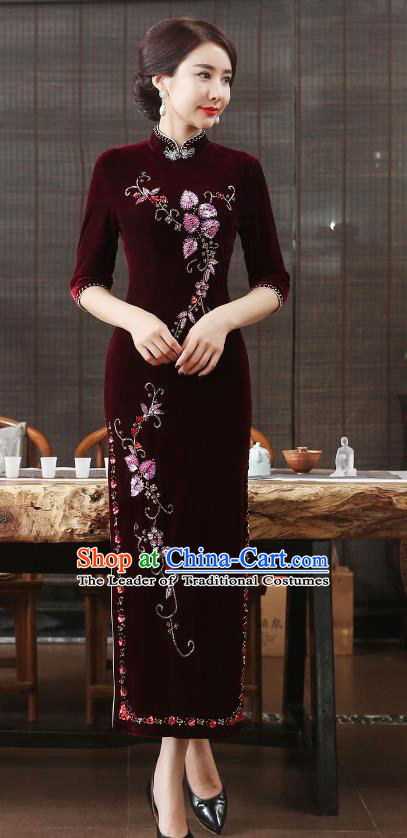 Chinese National Costume Retro Wine Red Velvet Qipao Dress Traditional Republic of China Tang Suit Cheongsam for Women