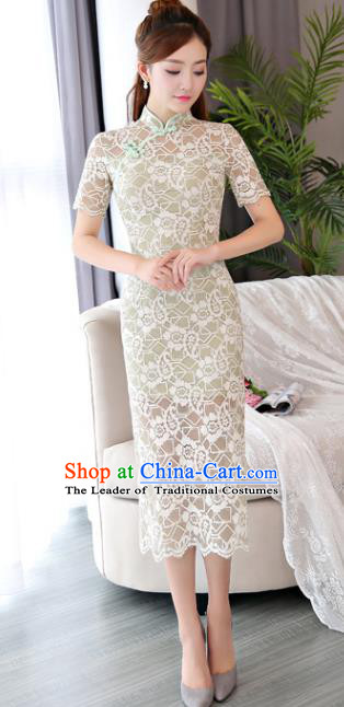 Chinese National Costume Tang Suit Green Lace Qipao Dress Traditional Republic of China Cheongsam for Women