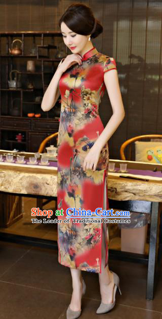 Chinese National Costume Tang Suit Printing Lotus Red Qipao Dress Traditional Republic of China Cheongsam for Women