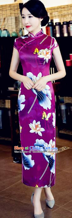 Chinese National Costume Tang Suit Printing Lotus Qipao Dress Traditional Republic of China Purple Silk Cheongsam for Women