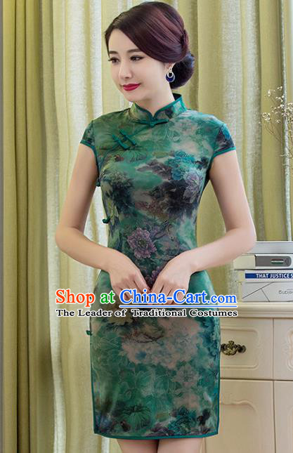 Chinese National Costume Tang Suit Printing Green Silk Retro Qipao Dress Traditional Republic of China Cheongsam for Women