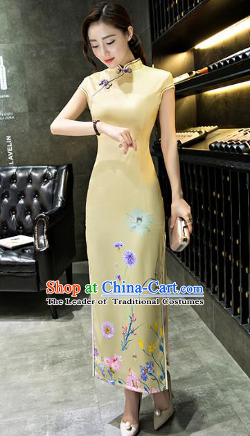 Chinese Top Grade Retro Printing Dandelion Yellow Silk Qipao Dress Traditional Republic of China Tang Suit Cheongsam for Women