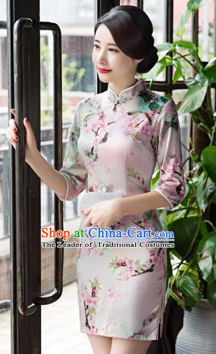 Chinese Top Grade Retro Printing Peach Blossom Qipao Dress Traditional Republic of China Tang Suit Cheongsam for Women