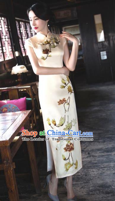 Chinese Top Grade Retro Champagne Silk Qipao Dress Traditional Republic of China Tang Suit Cheongsam for Women