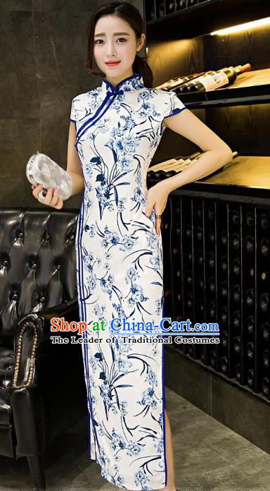 Chinese Top Grade Retro Blue and White Porcelain Silk Qipao Dress Traditional Republic of China Tang Suit Cheongsam for Women