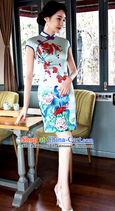 Chinese Top Grade Elegant Printing Flowers Birds Qipao Dress Traditional Republic of China Tang Suit Cheongsam for Women