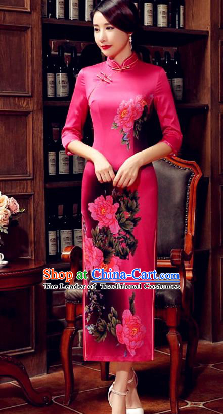 Top Grade Chinese Elegant Printing Peony Rosy Cheongsam Traditional Republic of China Tang Suit Silk Qipao Dress for Women