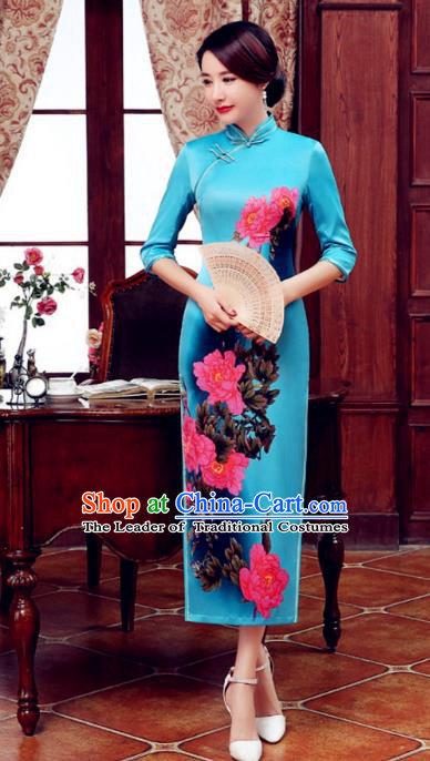 Top Grade Chinese Elegant Printing Peony Blue Cheongsam Traditional Republic of China Tang Suit Silk Qipao Dress for Women