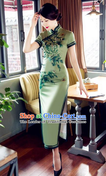 Top Grade Chinese Elegant Printing Peony Green Cheongsam Traditional Republic of China Tang Suit Silk Qipao Dress for Women
