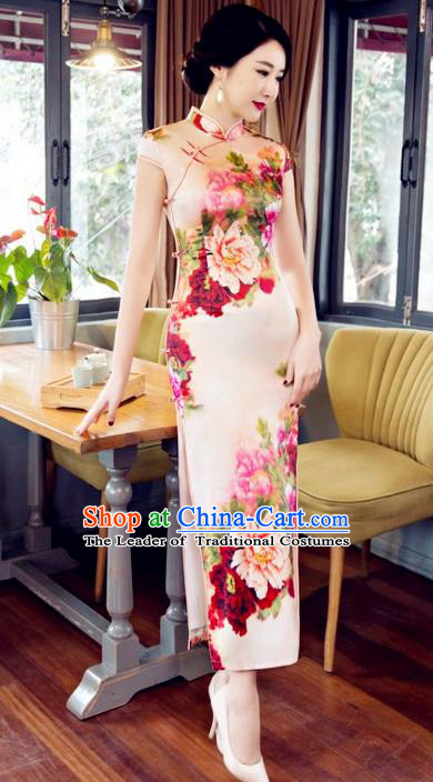Top Grade Chinese Elegant Printing Peony Cheongsam Traditional Republic of China Tang Suit Silk Qipao Dress for Women