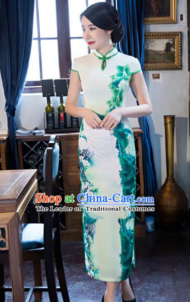 Top Grade Chinese Elegant Printing Peony Green Cheongsam Traditional Republic of China Tang Suit Silk Qipao Dress for Women