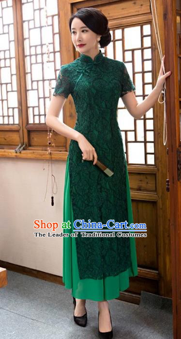 Chinese Top Grade Elegant Green Lace Qipao Dress Traditional Republic of China Tang Suit Cheongsam for Women