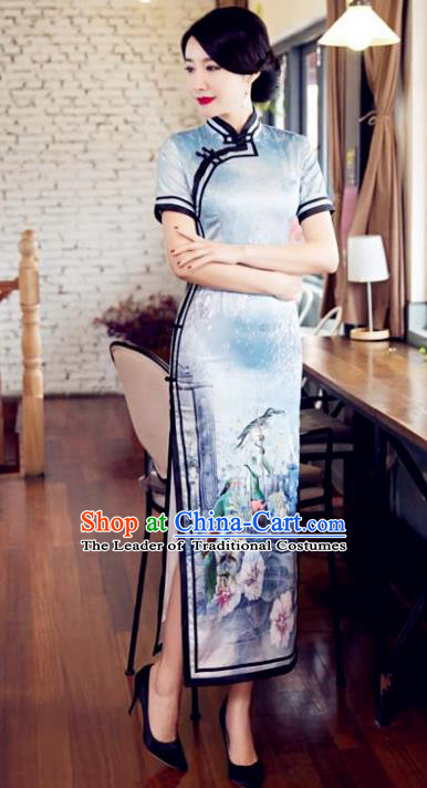 Chinese Top Grade Elegant Qipao Dress Traditional Republic of China Tang Suit Printing Silk Cheongsam for Women