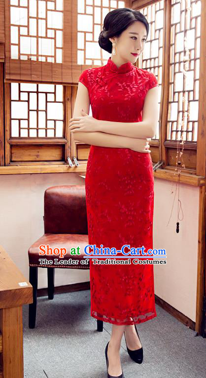 Chinese Top Grade Elegant Embroidered Qipao Dress Traditional Republic of China Tang Suit Red Cheongsam for Women