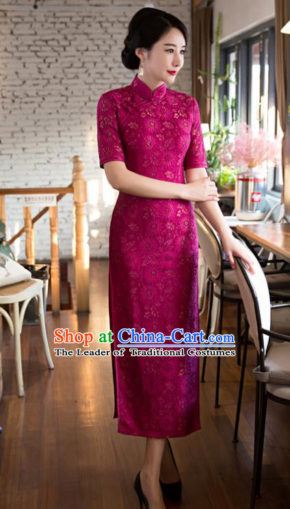 Chinese Top Grade Elegant Rosy Lace Cheongsam Traditional Republic of China Tang Suit Qipao Dress for Women