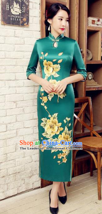 Chinese Traditional Costume Elegant Cheongsam China Tang Suit Printing Flowers Green Velvet Qipao Dress for Women