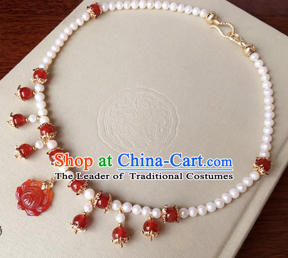 Traditional Handmade Chinese Ancient Classical Accessories Red Lotus Necklace Pearls Necklet for Women