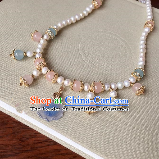 Traditional Handmade Chinese Ancient Classical Accessories Blue Lotus Necklace Pearls Necklet for Women