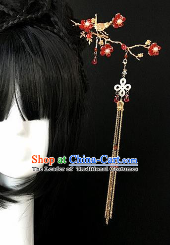 Traditional Handmade Chinese Ancient Classical Hair Accessories Hairpins Red Flowers Tassel Hair Clips for Women