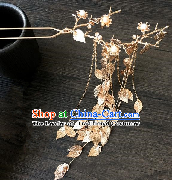 Traditional Handmade Chinese Ancient Classical Hair Accessories Hairpins Golden Leaf Tassel Hair Clips for Women