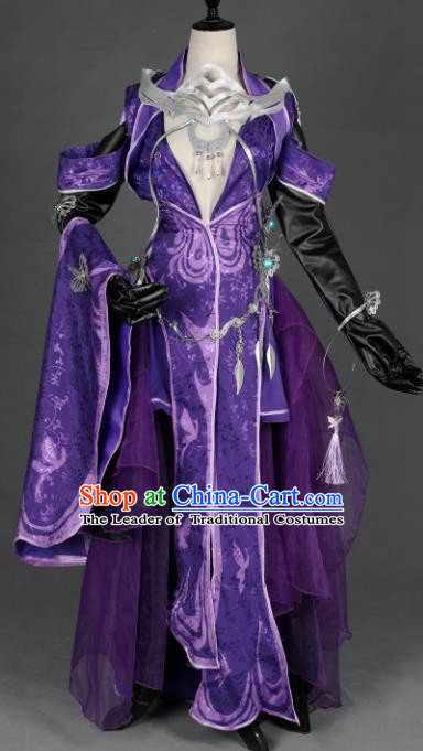 Chinese Ancient Palace Lady Purple Costume Cosplay Female Knight-errant Dress Hanfu Clothing for Women