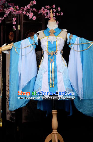 Chinese Ancient Princess Young Lady Costume Cosplay Swordswoman Blue Dress Hanfu Clothing for Women