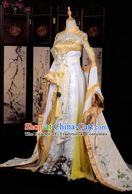 Chinese Ancient Palace Lady Costume Cosplay Princess Swordswoman Golden Dress Hanfu Clothing for Women