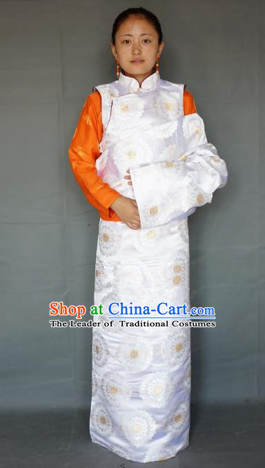 Chinese Traditional Zang Nationality White Brocade Tibetan Robe, China Tibetan Ethnic Heishui Dance Costume for Women