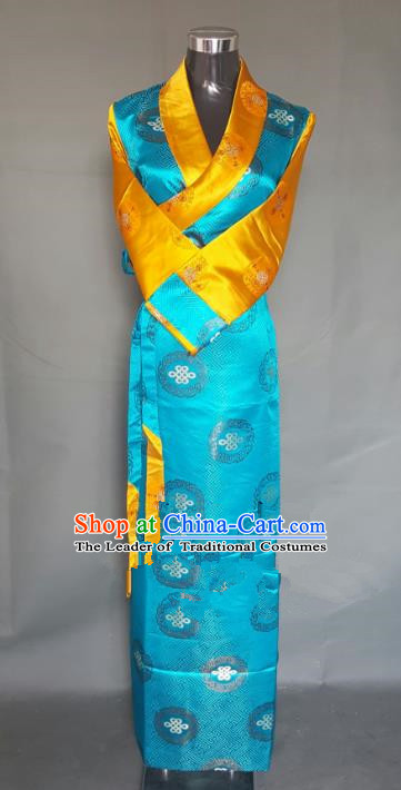 Chinese Traditional Zang Nationality Blue Brocade Dress, China Tibetan Ethnic Heishui Dance Costume for Women