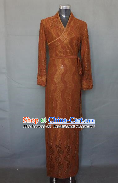 Chinese Traditional Zang Nationality Brown Lace Dress, China Tibetan Ethnic Heishui Dance Costume for Women