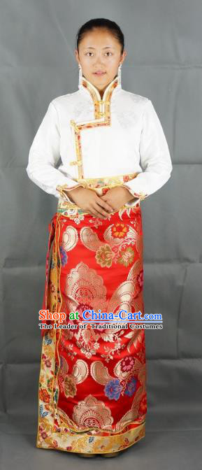 Chinese Traditional Zang Nationality Red Satin Bust Skirt, China Tibetan Ethnic Heishui Dance Costume for Women